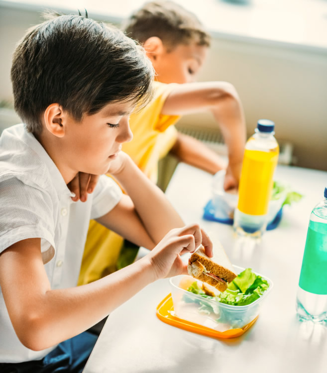 School boys taking lunch together